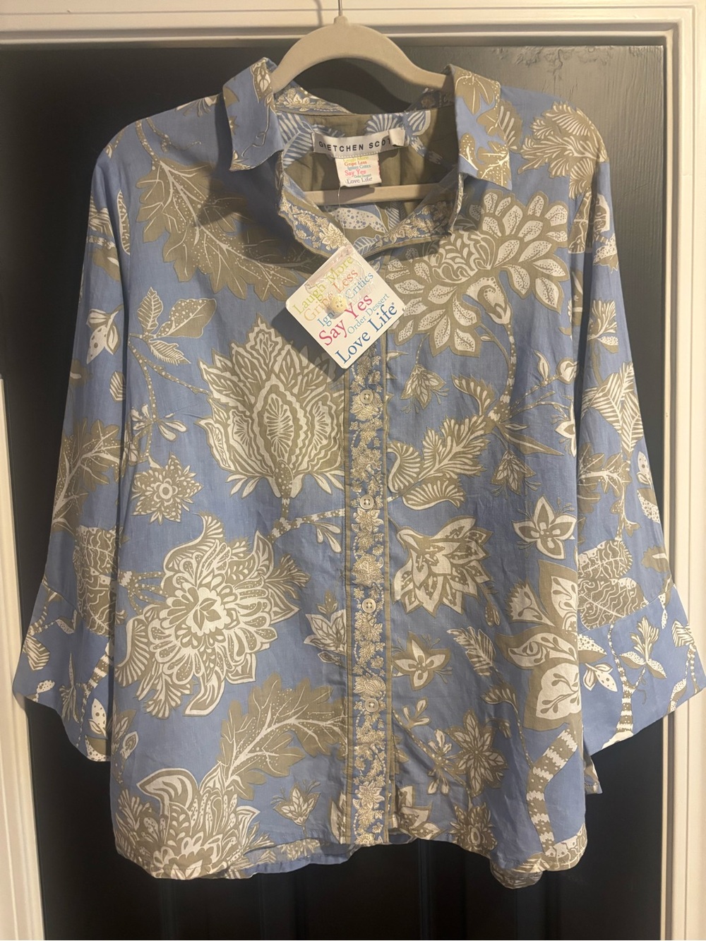 Gretchen Scott Designs Blue and Cream Floral Button-Down Shirt - Picture 1 of 2